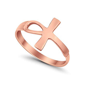 Petite Dainty Sideways Ankh Egyptian Ring Rose Tone 925 Sterling Silver